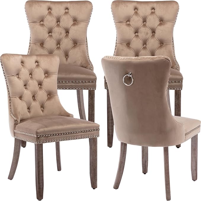 Modern Dining Chairs Set of 4, Tufted Upholstered Dining Chair with Solid Wood Legs, Camel Velvet Accent Chair, Sillas de Comedor, 4 Dining Chairs (Khaki, Velvet, 4Pcs)