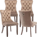 Modern Dining Chairs Set of 4, Tufted Upholstered Dining Chair with Solid Wood Legs, Camel Velvet Accent Chair, Sillas de Comedor, 4 Dining Chairs (Khaki, Velvet, 4Pcs)