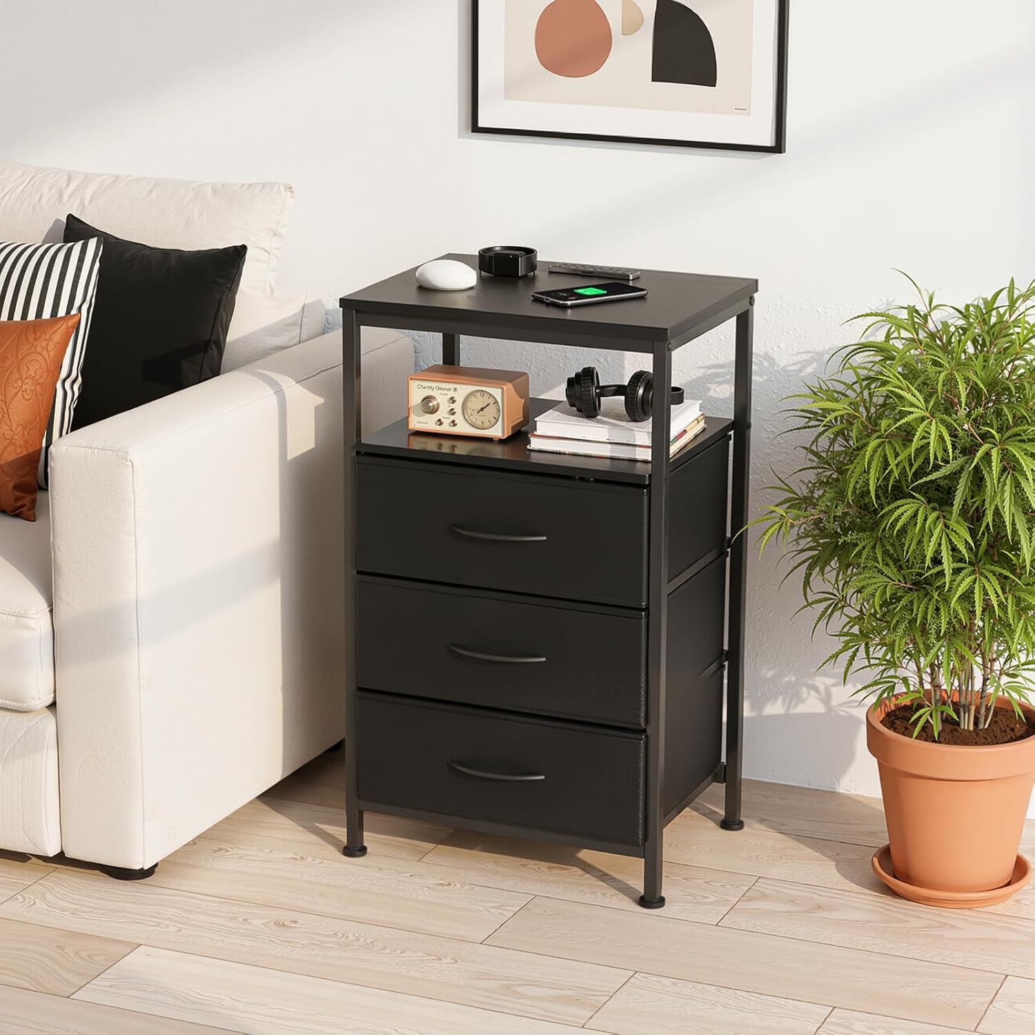 Sweetcrispy Nightstand with Charging Station 3 Fabric Drawers Bedside Table | Night Stand with USB Type-C Ports, AC Outlets & Dimmable LED Light Strip, Modern Black Bedroom End Table
