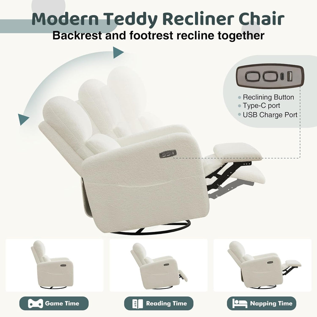 Power Swivel Rocker Recliner, Oversized Boucle Nursery Glider Recliner, Swivel Rocking Reclining Chair with Removable Cushion and Lumbar Support for Nursery Living Room Bedroom, Teddy White