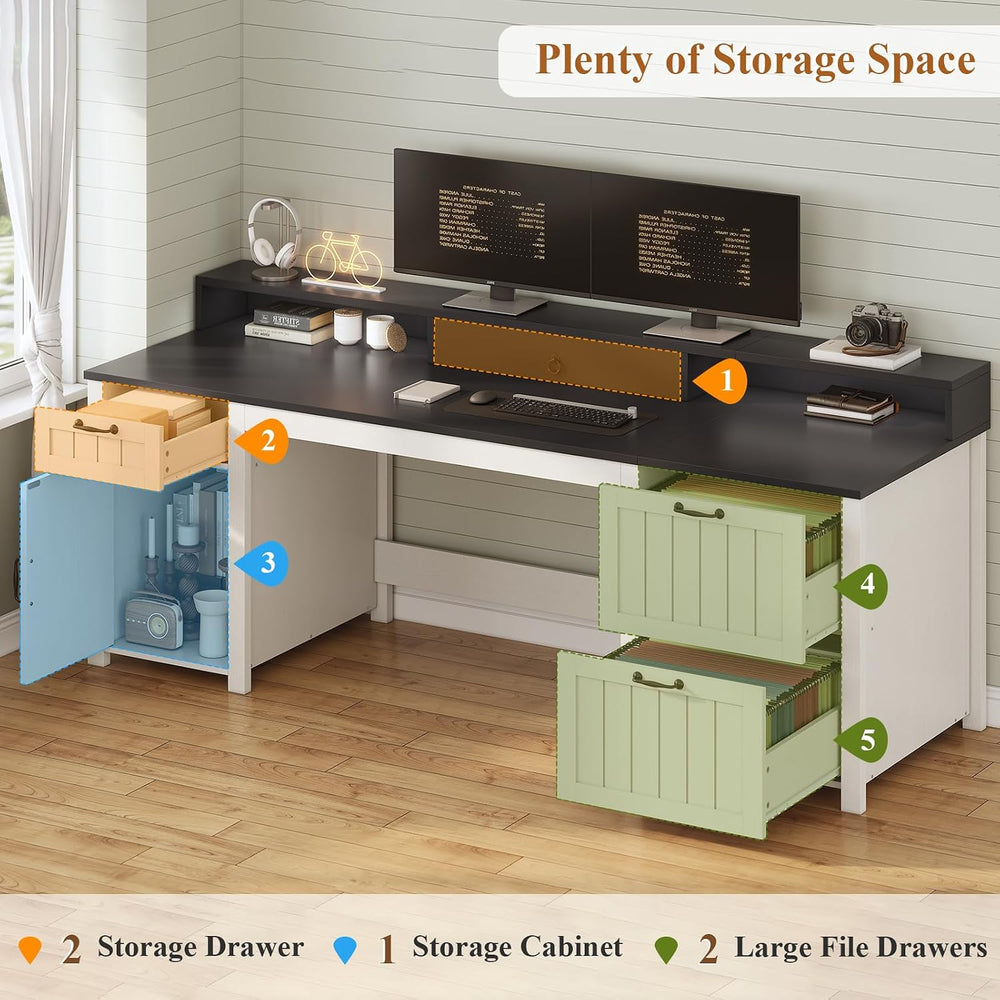 SEDETA 63" Farmhouse Executive Desk with Drawers and Storage, White + Black