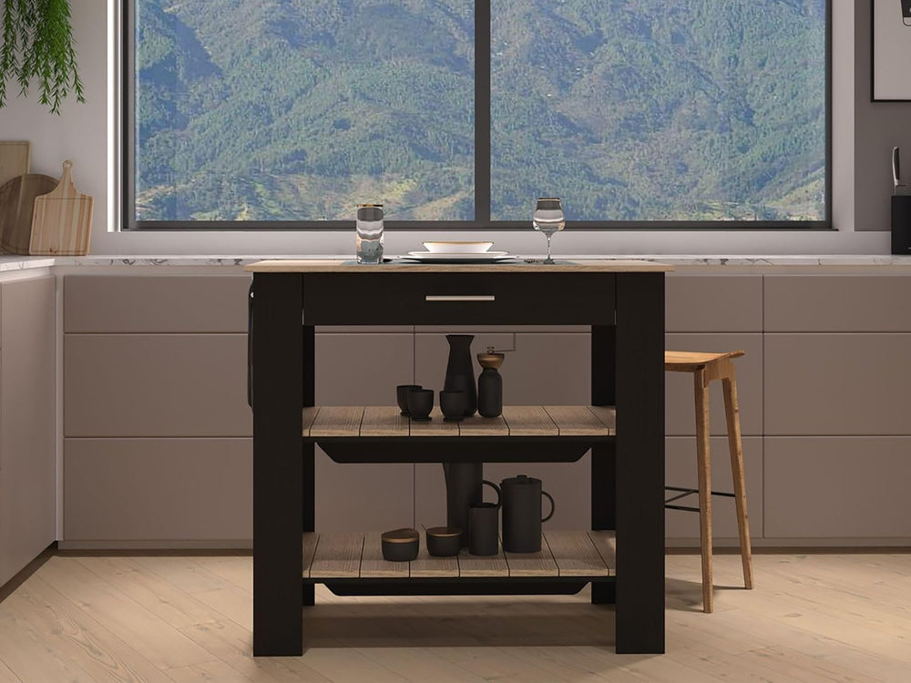 Kitchen Island with Two Shelves, One Drawer, Four Legs, Towel Hanger, Black |...
