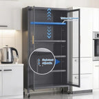 Kitchen Pantry Storage Cabinet, Gray 6 Tier Metal Display Cabinet with Transparent Double Doors, Adjustable Shelves & 360° Lockable Wheels, Easy Assembly, 65.16" W×23.62" D×15.75" H