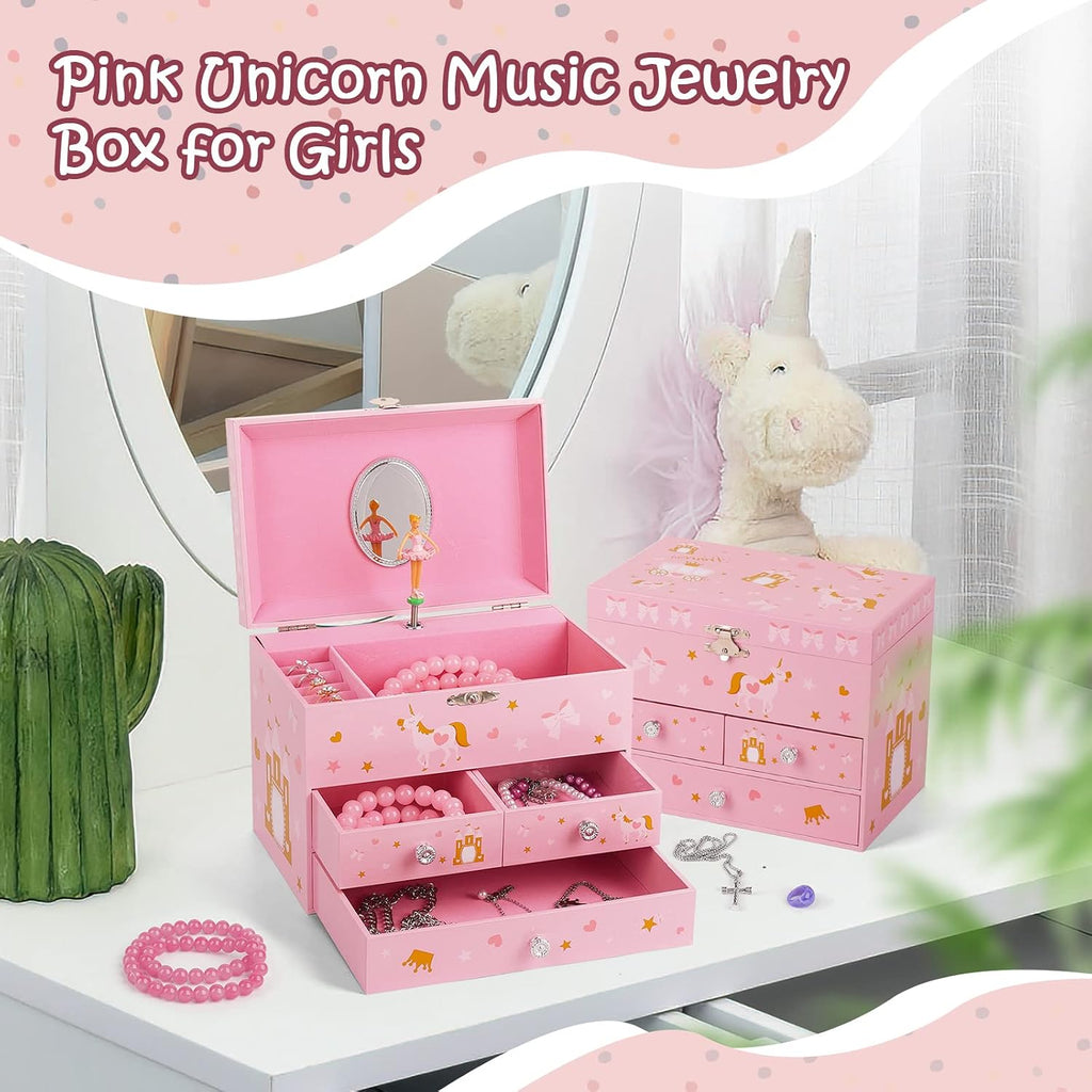 Musical Jewelry Box for Girls 8.07 x 5.12 x 6.14 with 3 Pullout Drawers Spinning Ballerina & Unicorn Jewelry Set, Music Boxes for Birthday Valentine Christmas Gift Waltz of Flowers Tune