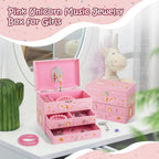Musical Jewelry Box for Girls 8.07 x 5.12 x 6.14 with 3 Pullout Drawers Spinning Ballerina & Unicorn Jewelry Set, Music Boxes for Birthday Valentine Christmas Gift Waltz of Flowers Tune