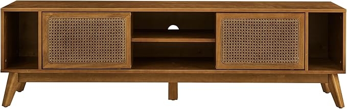 Ball & Cast 68" Mid Century Modern TV Stand for TVs up to 75", Media Console with Rattan Sliding Doors, Open Shelves & Solid Wood Legs, Entertainment Center for Living Room,Bedroom,Light Walnut