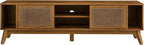 Ball & Cast 68" Mid Century Modern TV Stand for TVs up to 75", Media Console with Rattan Sliding Doors, Open Shelves & Solid Wood Legs, Entertainment Center for Living Room,Bedroom,Light Walnut