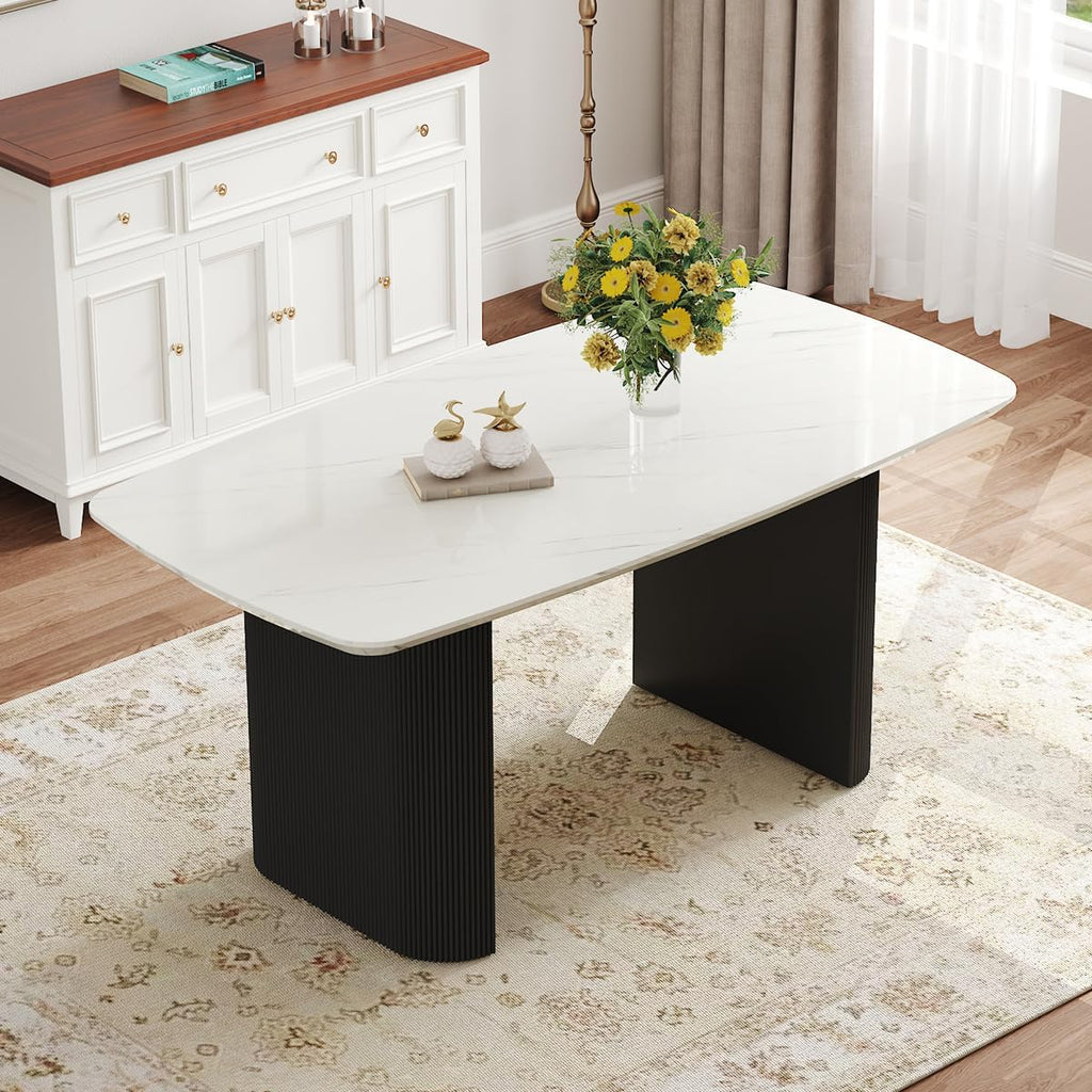 Ebullient White Marble Dining Table for 6–8, 67'' Modern Oval Kitchen Table with 3.5'' Thick White Marble-Patterned Tabletop and Matte Black Column Legs, Large Dining Room Table