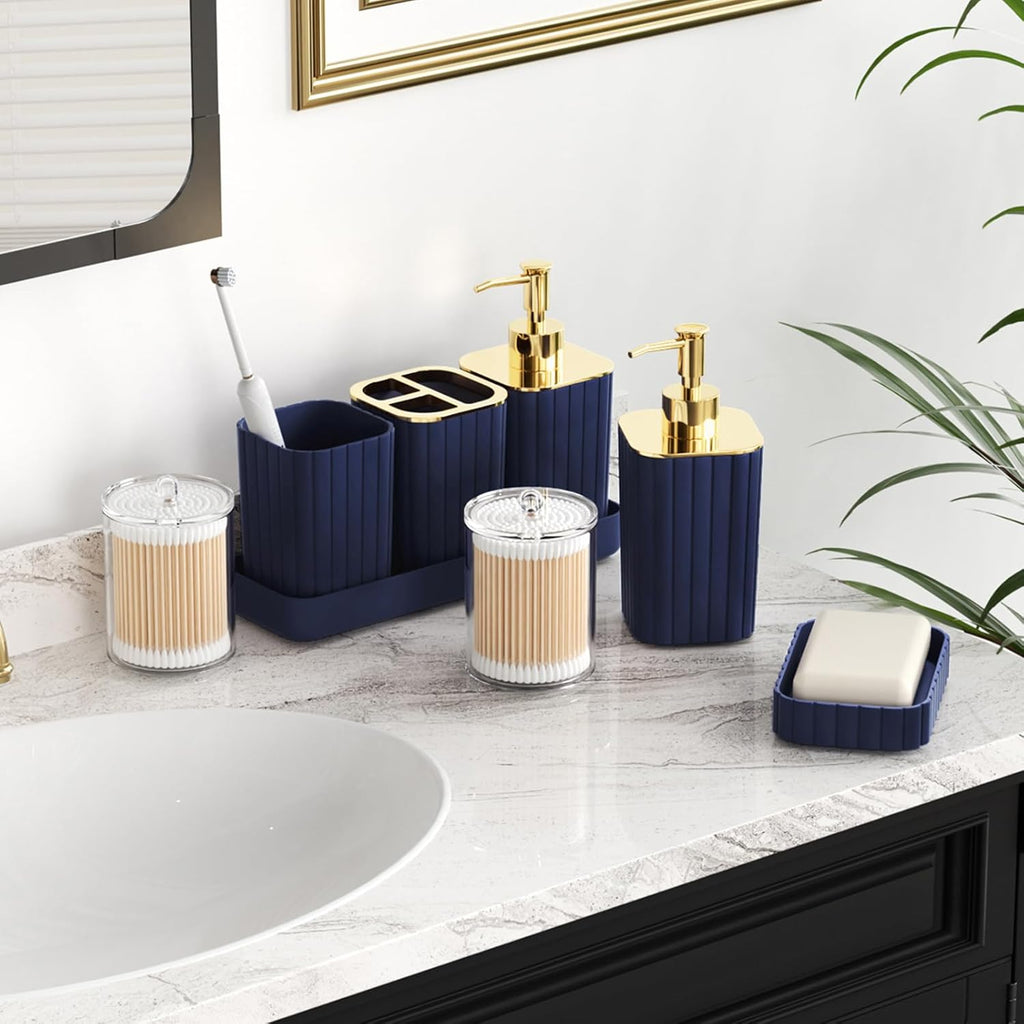 Bathroom Accessories Set - Gorgeous Bathroom Set, 10PC Navy Blue Bathroom Accessory Set, Toilet Brush, Trash Can, Qtip Holder Dispenser & Soap Dispenser