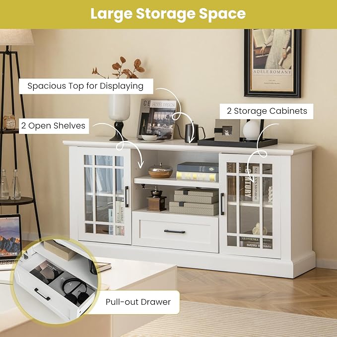 Tangkula Farmhouse TV Stand for TV up to 65 70 Inches, Tall Media Console Table with 2 Glass Storage Cabinets, 1 Drawer & 2 Open Shelves, Wooden Entertainment Center for Living Room (White)