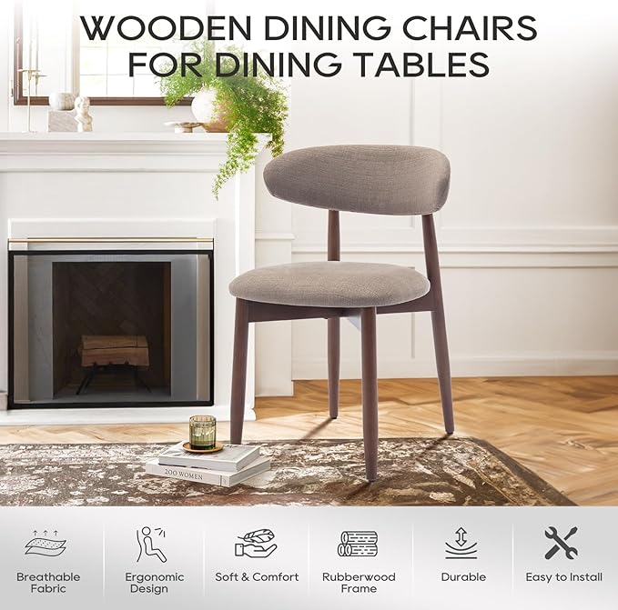 COLAMY Wooden Dining Chairs Set of 4, Modern Fabric Upholstered Dining Room Chair, Farmhouse Kitchen Chairs with Foot Pegs, Camel