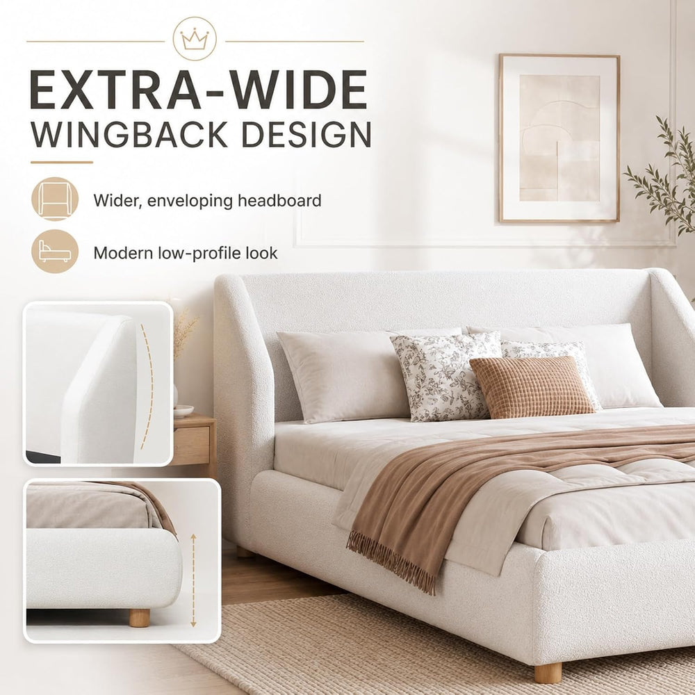 Queen Bed Frame,Extra-Wide Wingback Headboard,Boucle Fabric,White