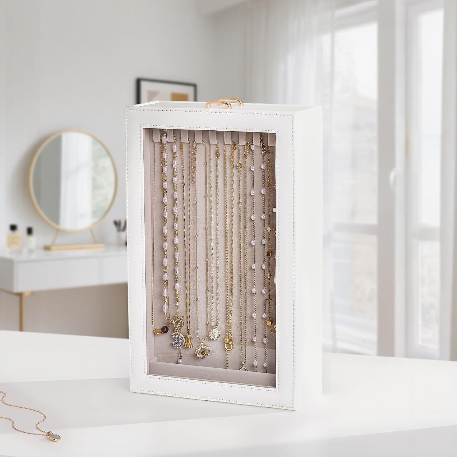 Lolalet Necklace Organizer Box, 2-Layer Jewelry Storage Boxes with Clear Lid for Necklaces, Tangle-Free Necklace Display Case for Women Girls -White
