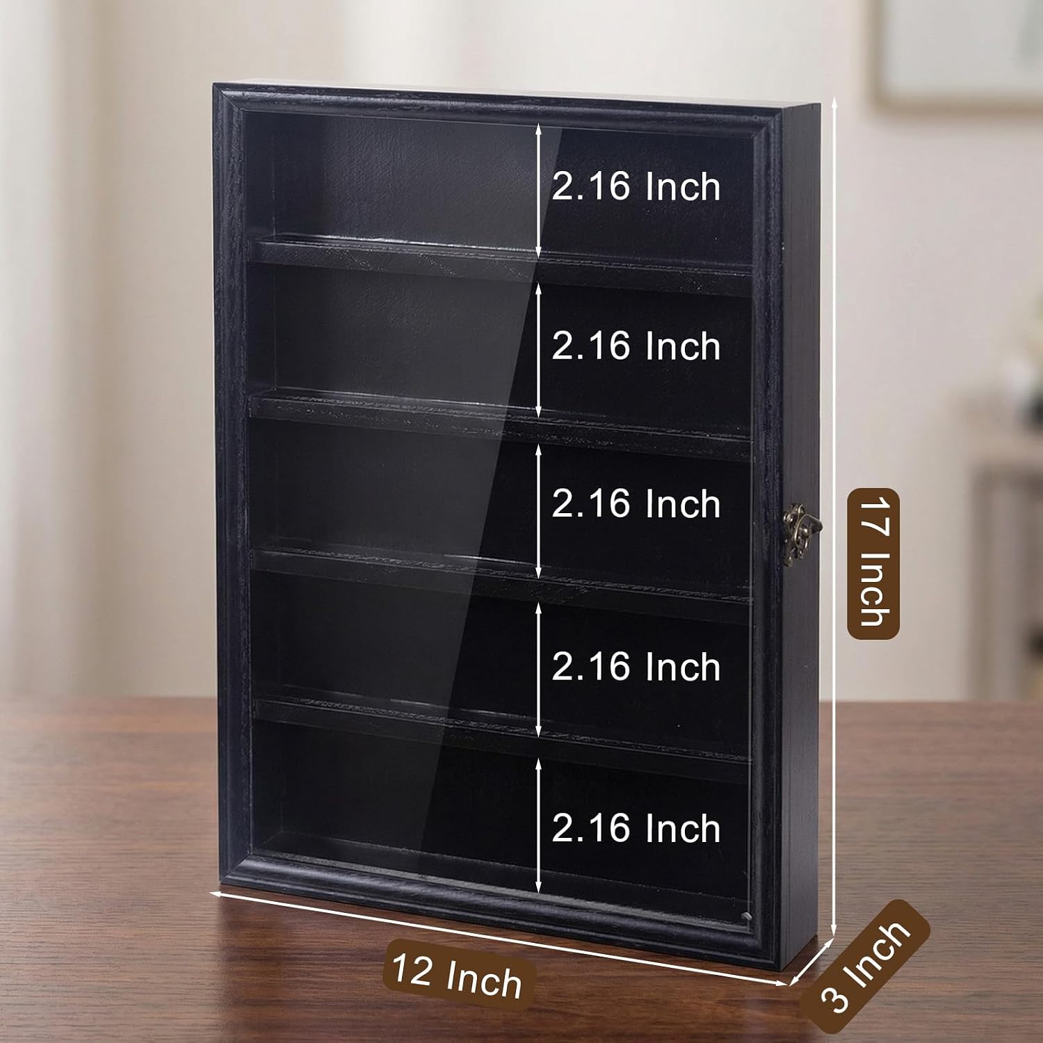 Belt Buckle Display Case, 5 Belt Buckle Holders Included, 17x12 Black Shadow Box with LED Light, Wall-Mounted Men's Belt Clip Storage Box, Lockable