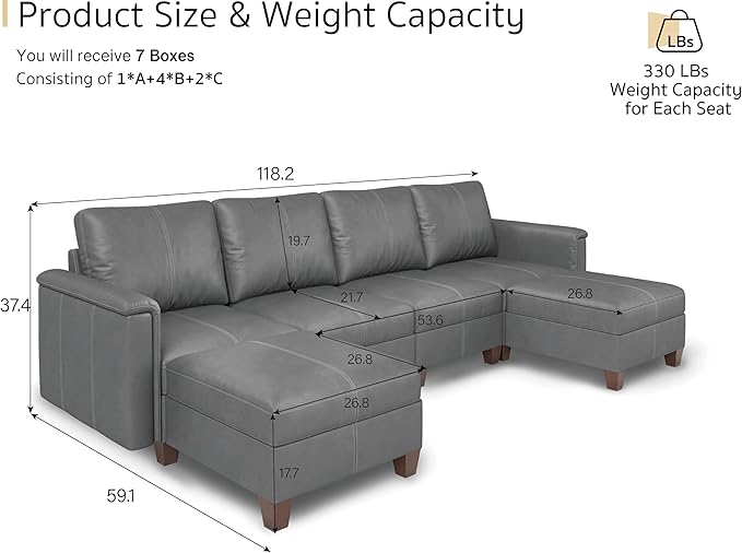 SITJOY 118" Faux Leather Modular Sectional Sofa with Storage, Mid Century Modern Sectional Couches for Living Room, Soft Padded Armrests, 4 Seater U-Shaped Couch with Ottoman, Gray