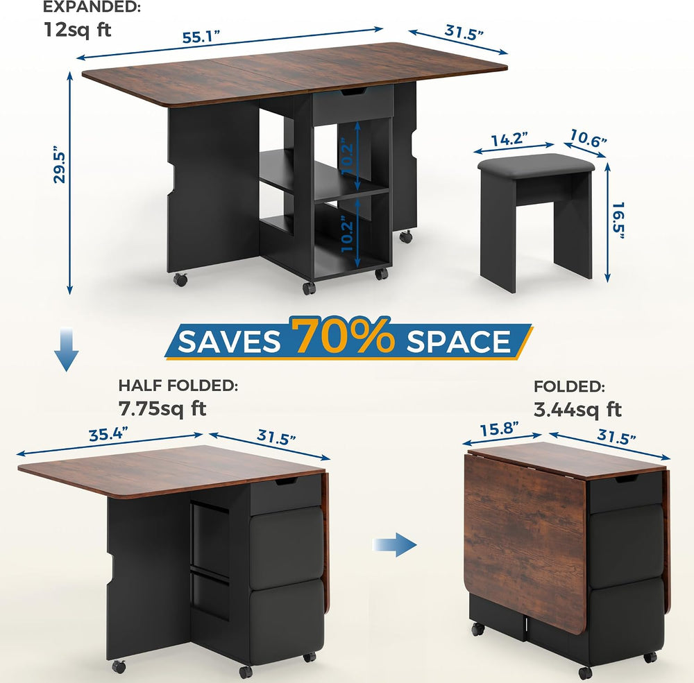 Mondeer 55" Folding Dining Table and Chairs Set 4, Cushioned Stools | 2 ...