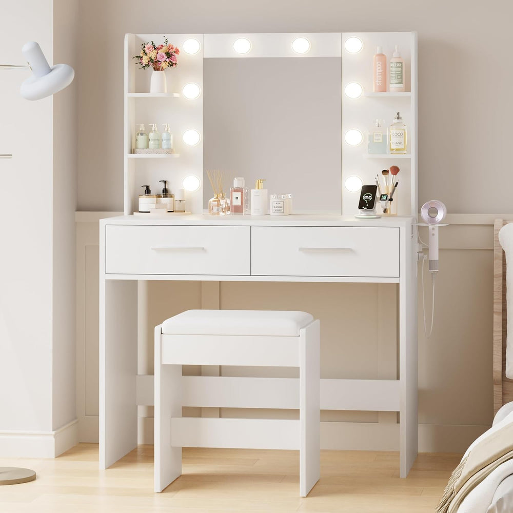 YESHOMY Vanity Desk with Mirror, Makeup Table, Milk White | 2 Large Drawers, ...