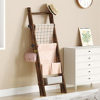 Hzuaneri Blanket Ladder, Decorative Quilt Rack with 4 Removable Hooks | 5-Tier Blanket Ladder Shelf for Bedroom Living Room, Rustic Brown BR30501X
