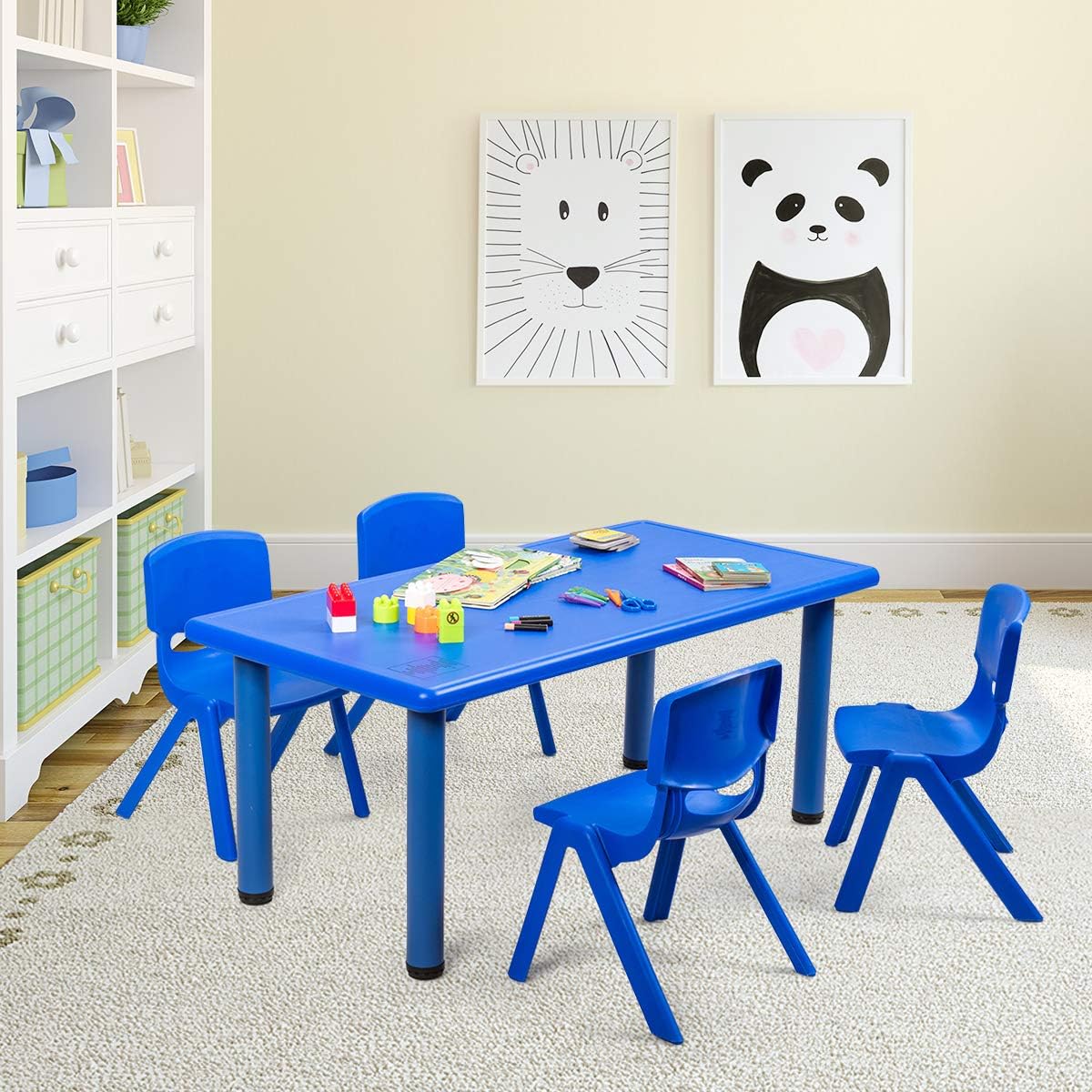 Costzon 47 x 23.5 Inch Rectangular Kids Table, Children School Activity Table for Reading Drawing Dining Playing, Multifunctional Plastic Table w/Steel Pipe, Toddler Furniture for Boys & Girls (Blue)