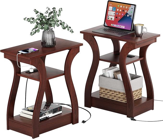 End Tables Living Room Set of 2,Cherry End Table with Charging Station,Side T...