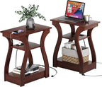 End Tables Living Room Set of 2,Cherry End Table with Charging Station,Side Table, Nightstand for Bedroom, 3 Tier End Table with Storage Shelf for Living Room(Cherry)