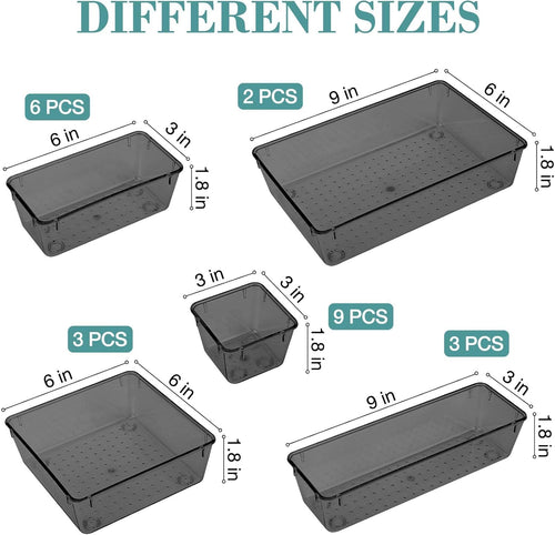 23 PCS Drawer Organizer Set, 5 Varied Size Bathroom and kitchen Drawer cabinet organizer Trays, Clear Storage Bins for Makeup, Jewelry, Utensils and Gadgets, Black