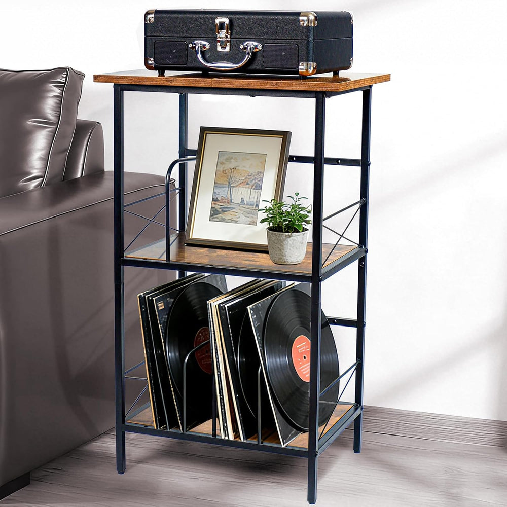 Record Player Stand with 4 Adjustable Dividers, Vinyl Record Storage Holds 20...