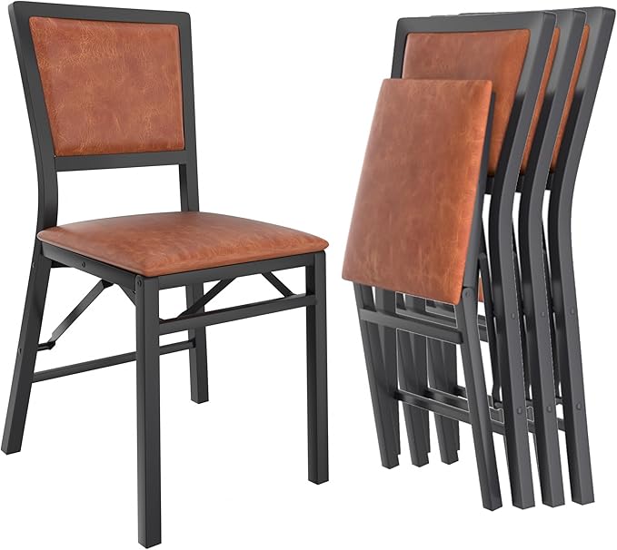 VECELO Folding Chairs Set of 4 with Cushion, Foldable Padded Seats with Heavy Duty Metal Frame for Kitchen/Dining/Living Room, No Assembly & Space Saving Design, Chestnut Brown