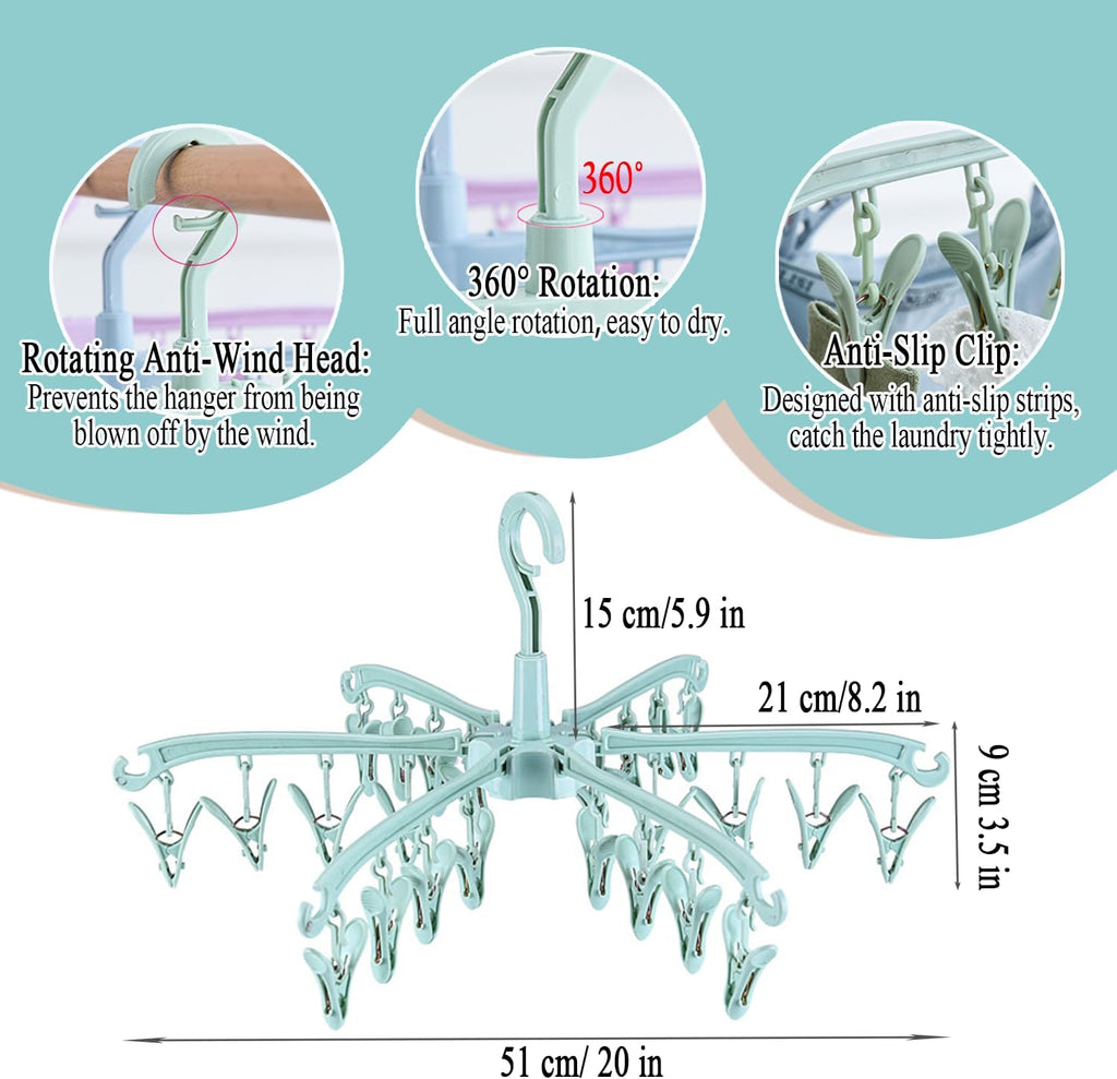 Foldable Drying Rack with 24 Clips for Drying Socks Lingerie Baby Clothes Drying Towels Rotatable Sock Drying Rack