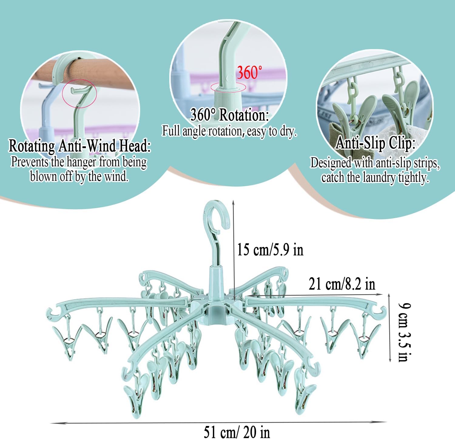 Foldable Drying Rack with 24 Clips for Drying Socks Lingerie Baby Clothes Drying Towels Rotatable Sock Drying Rack