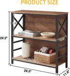 MNEETRUNG Book Shelf, Small 3-Tier Industrial Bookshelf with Strong Metal Frame & Backboard, 29.5" Short Bookcase for Small Spaces, Living Room, Bedroom and Home Office, Brown