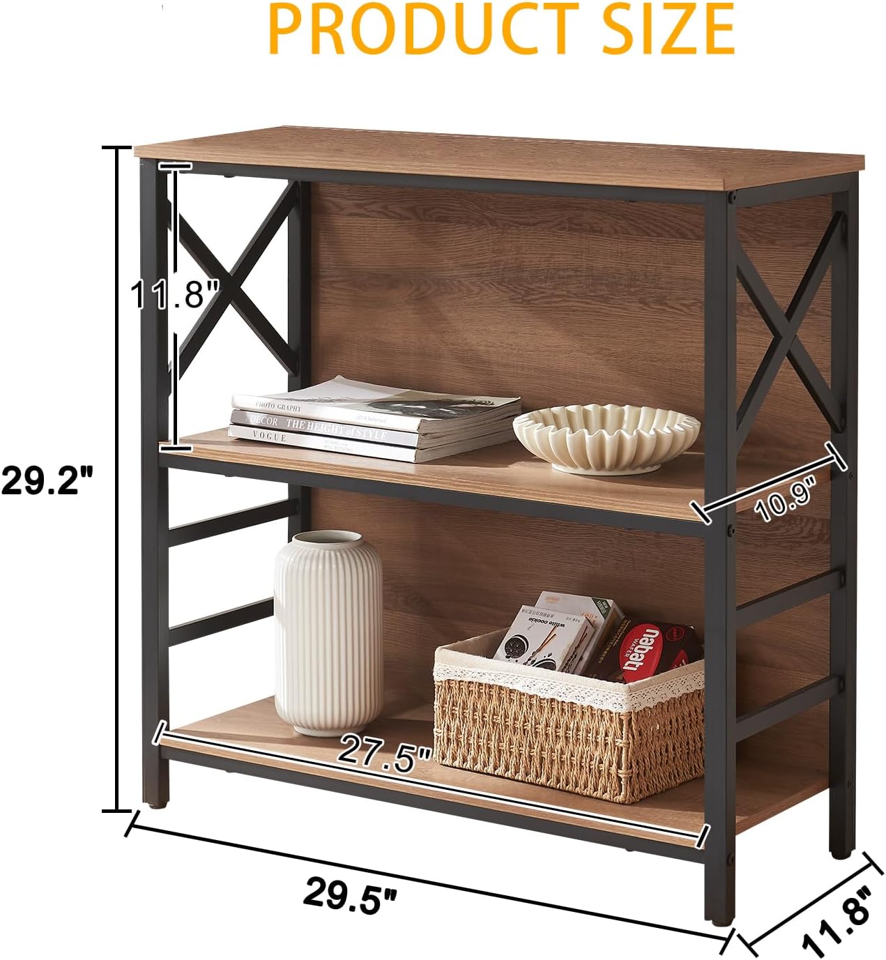 MNEETRUNG Book Shelf, Small 3-Tier Industrial Bookshelf with Strong Metal Frame & Backboard, 29.5" Short Bookcase for Small Spaces, Living Room, Bedroom and Home Office, Brown