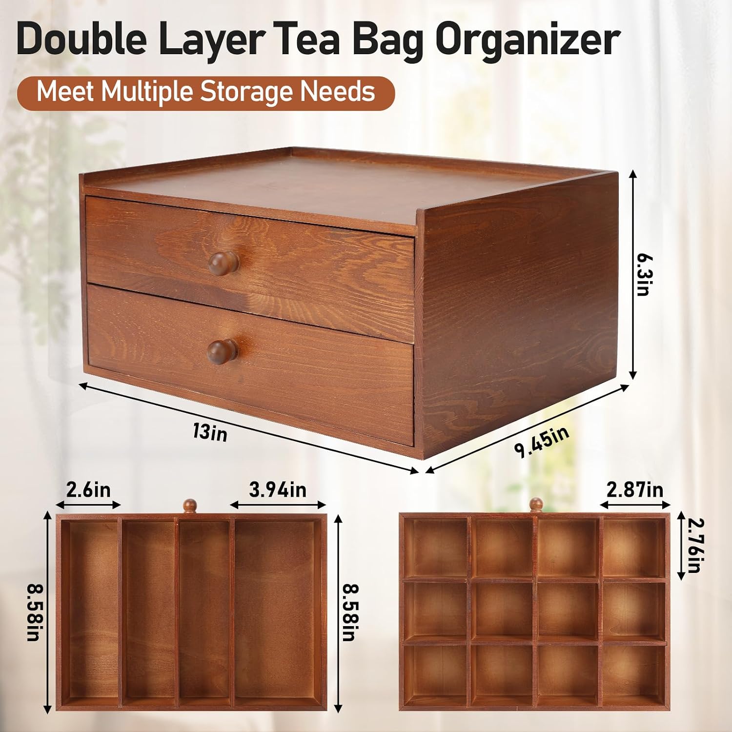 Acacia Wood Tea Bag Organizer, Tea Organizers and Storage Box, Double-Drawer Tea Box - Tea and Coffee Organizer,Multi-Functional Tea Station Chest,Wooden Tea Tray and Containers for Countertop Display