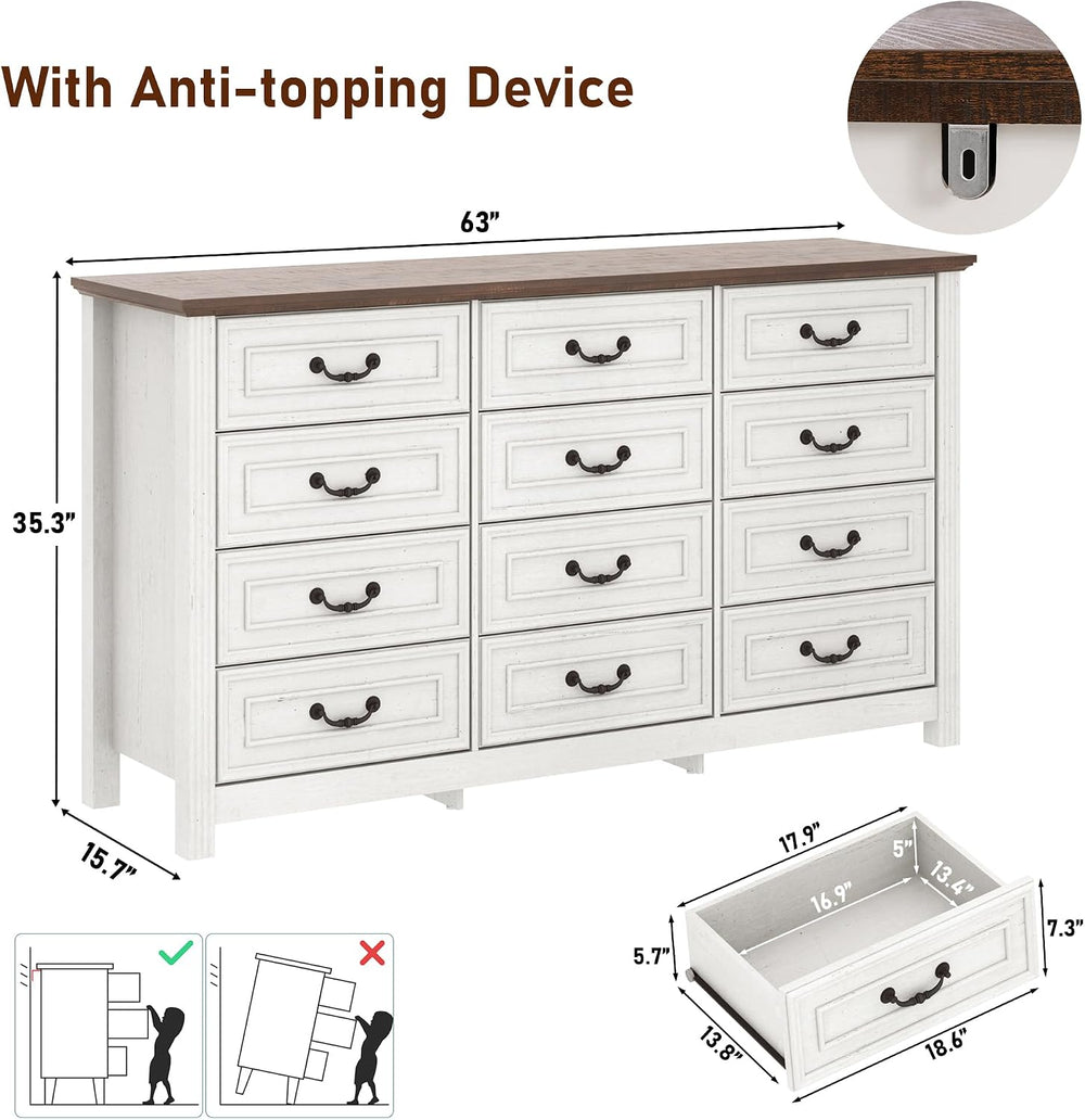 chartustriable Farmhouse 12 Drawer Dresser for Bedroom, 63” Wood Chest of Dra...