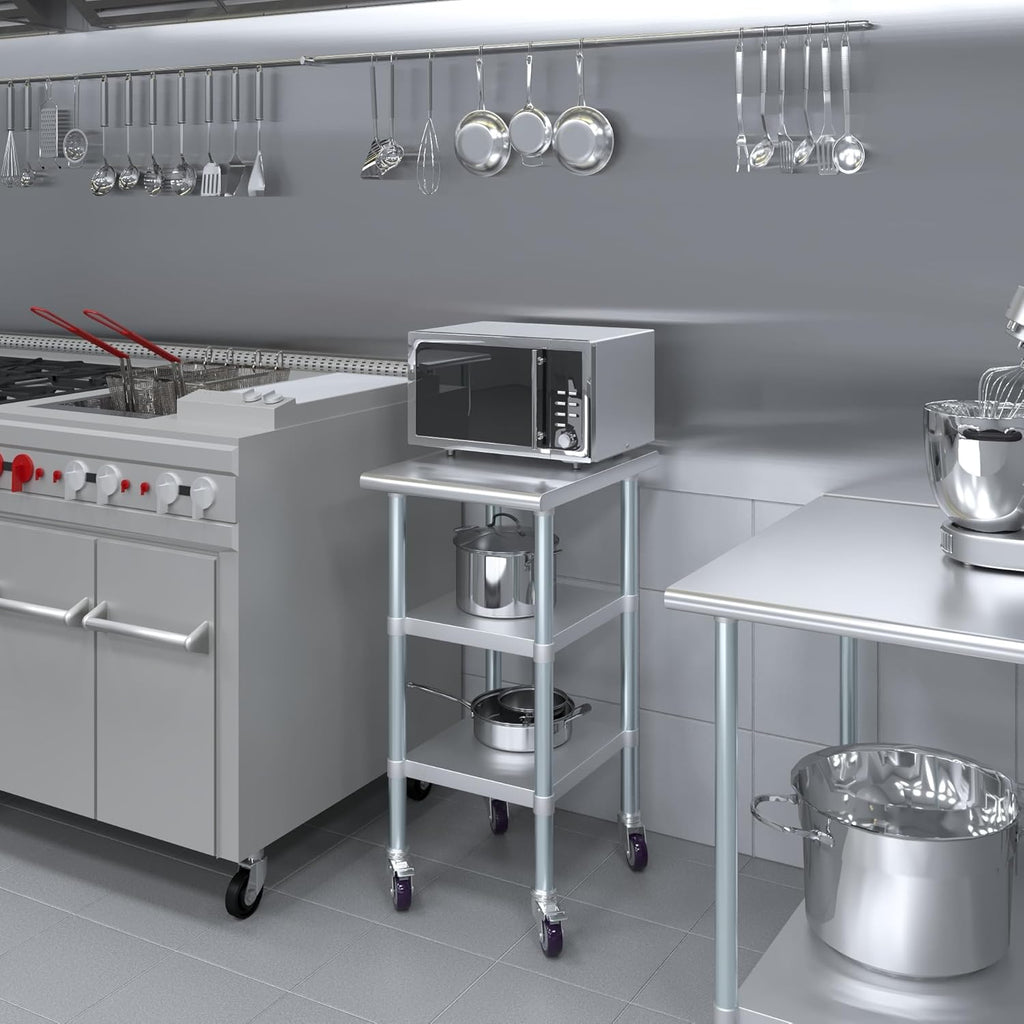 AmGood Stainless Steel Work Table with 2 Shelves and Casters | Metal Utility Table On Wheels (Stainless Steel Work Table with 2 Shelves + Casters, 18" Long x 24" Deep)