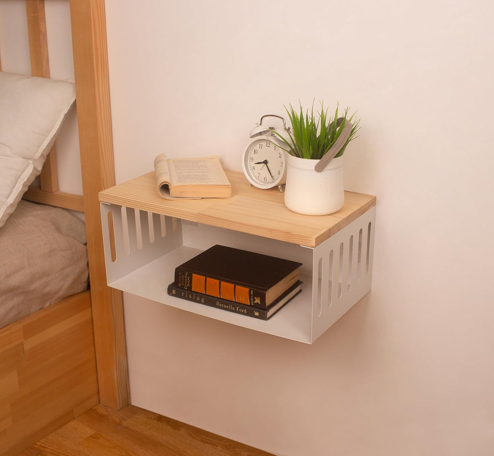 Floating Nightstand with White Metal Base, Wooden Top and Sturdy Metal Base, ...