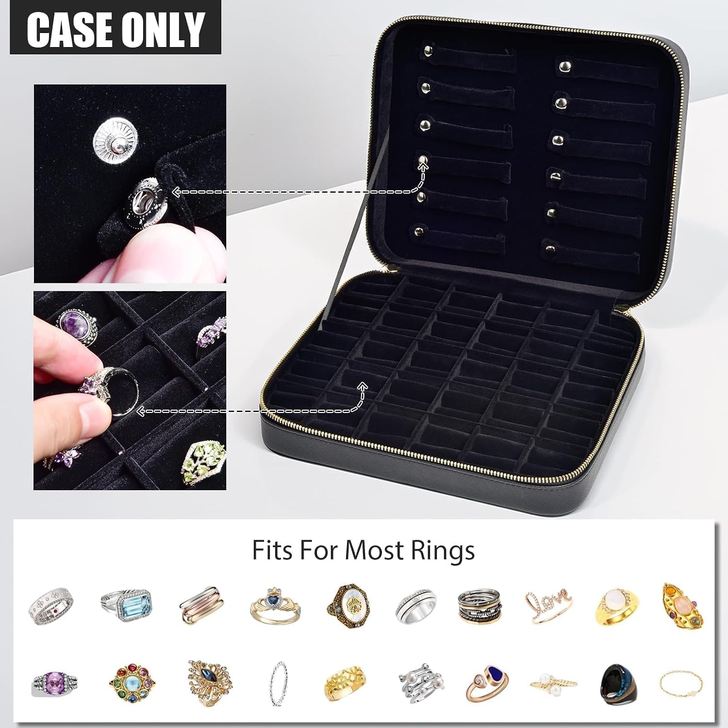 Large Capacity Ring Organizer Case for 90+ Rings & Jewelry Display | Black Cross-Grain Leather, Plush Velvet Lining, Shockproof, for Ring Collectors Jewelry Vendors Travel Home Display, Box Only