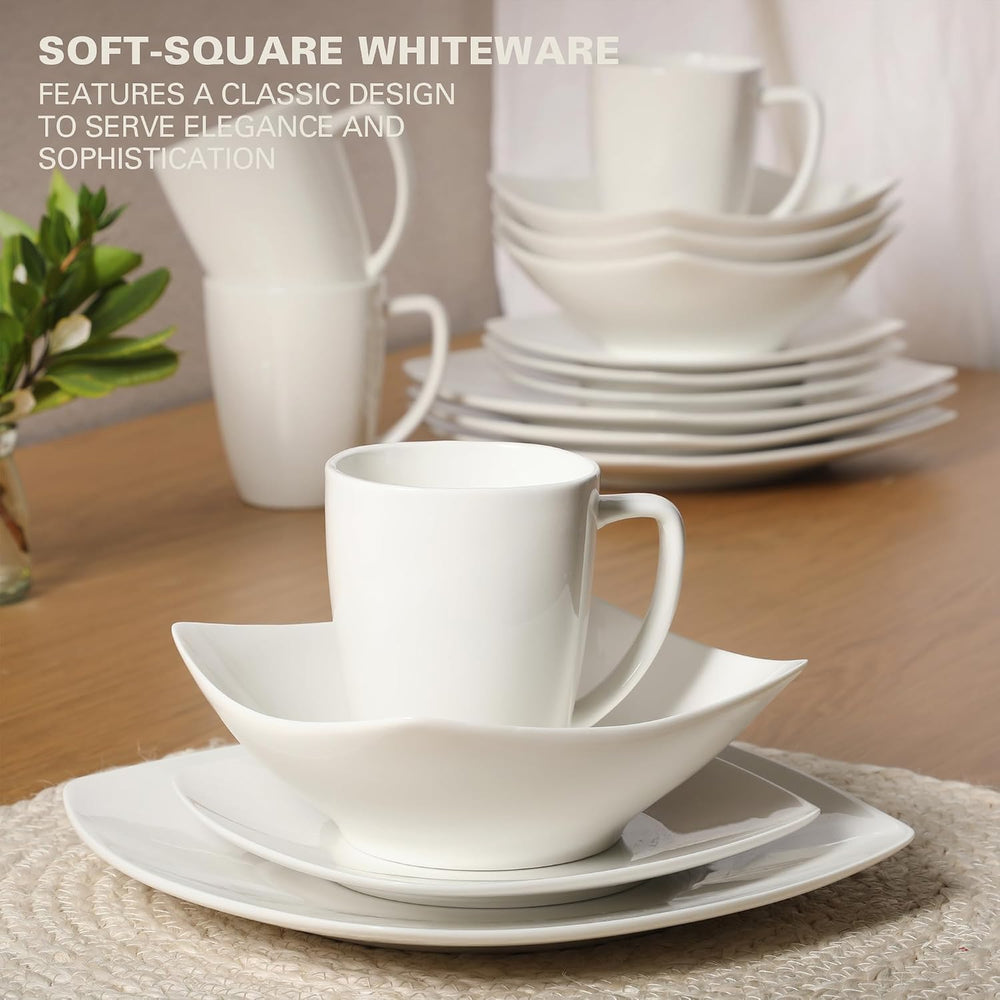 Gibson Home Zen Buffet White Porcelain Dinnerware Set for 4, Square Plates Bo...