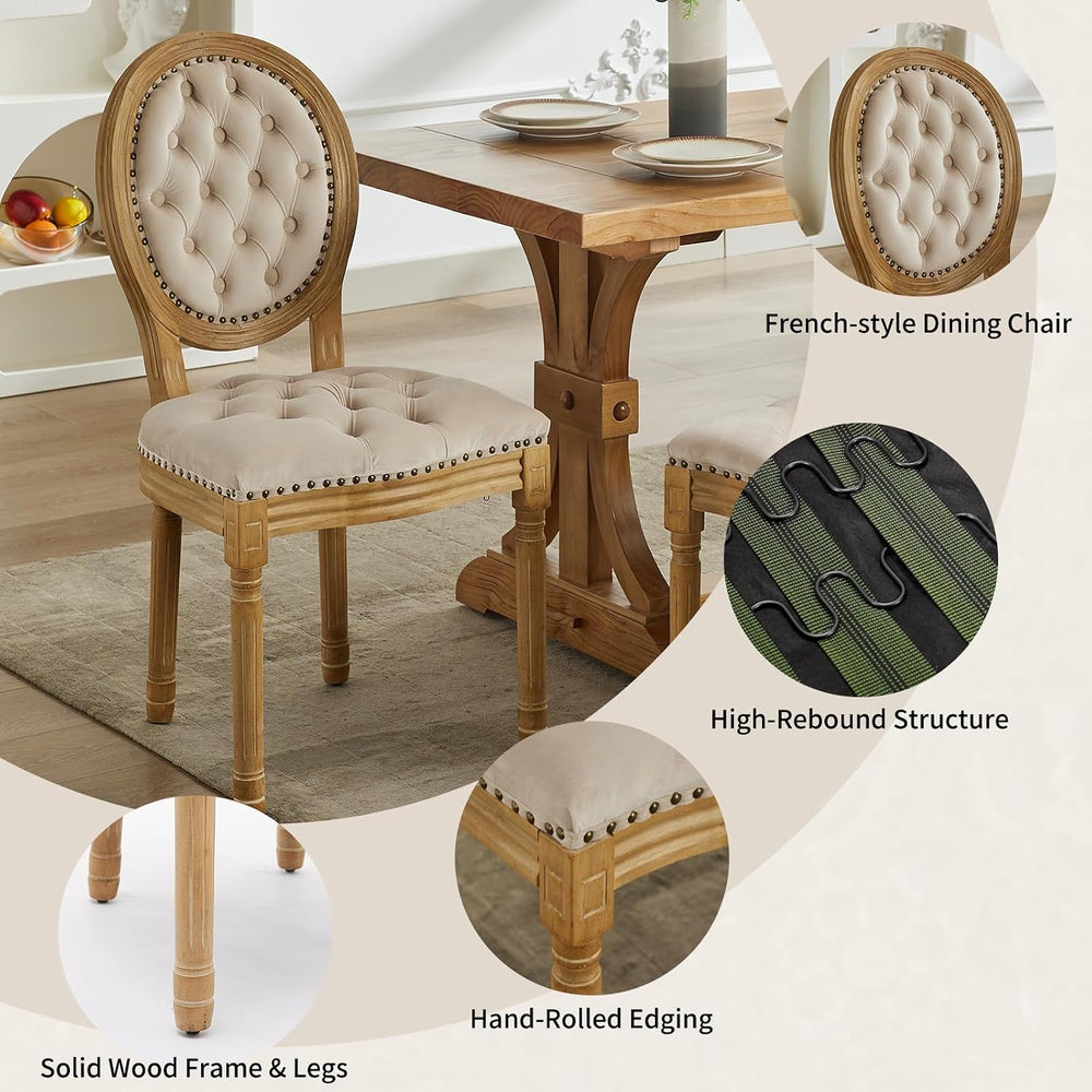 Vintage French Country Dining Chairs Set of 6, Velvet Dining Chair with Solid...
