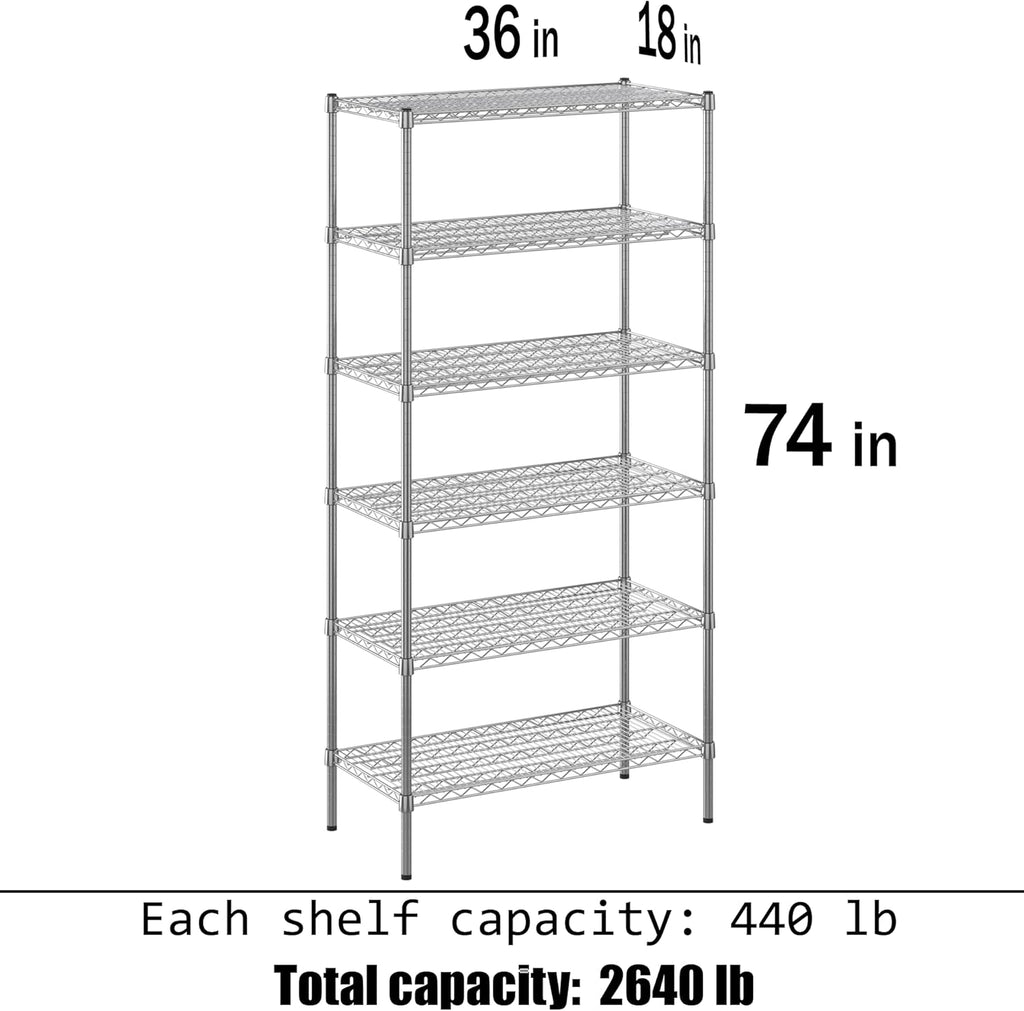 18" Deep x 36" Wide x 74" Height Wire Shelving Kit | 6-Tier | NSF Commercial Storage Rack Unit
