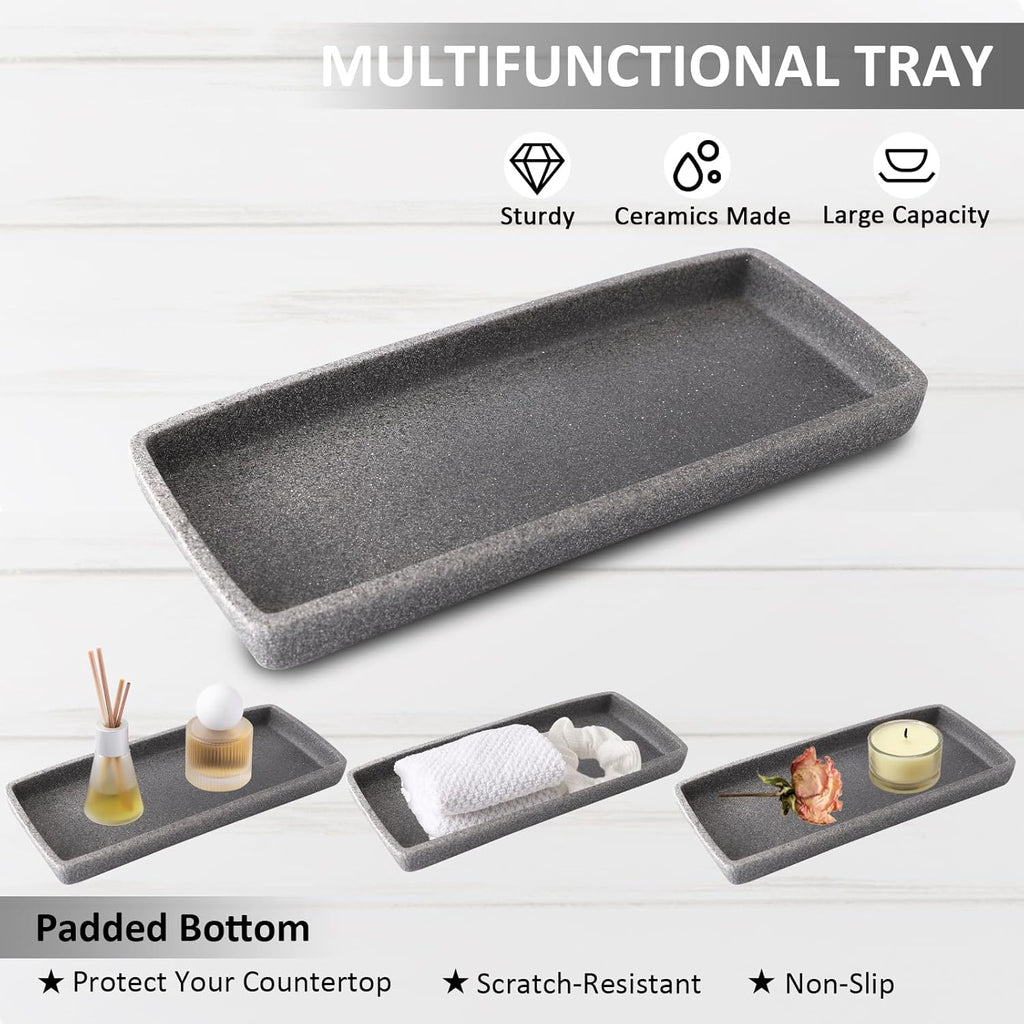 Resin 6 Pcs Gray Bathroom Set Complete with Toothbrush Holder, Lotion Soap Dispenser, 2 Qtip Holder Dispensers,Vanity Tray,Bathroom Tumbler - Countertop Vanity Organizer - Bathroom Accessories Set