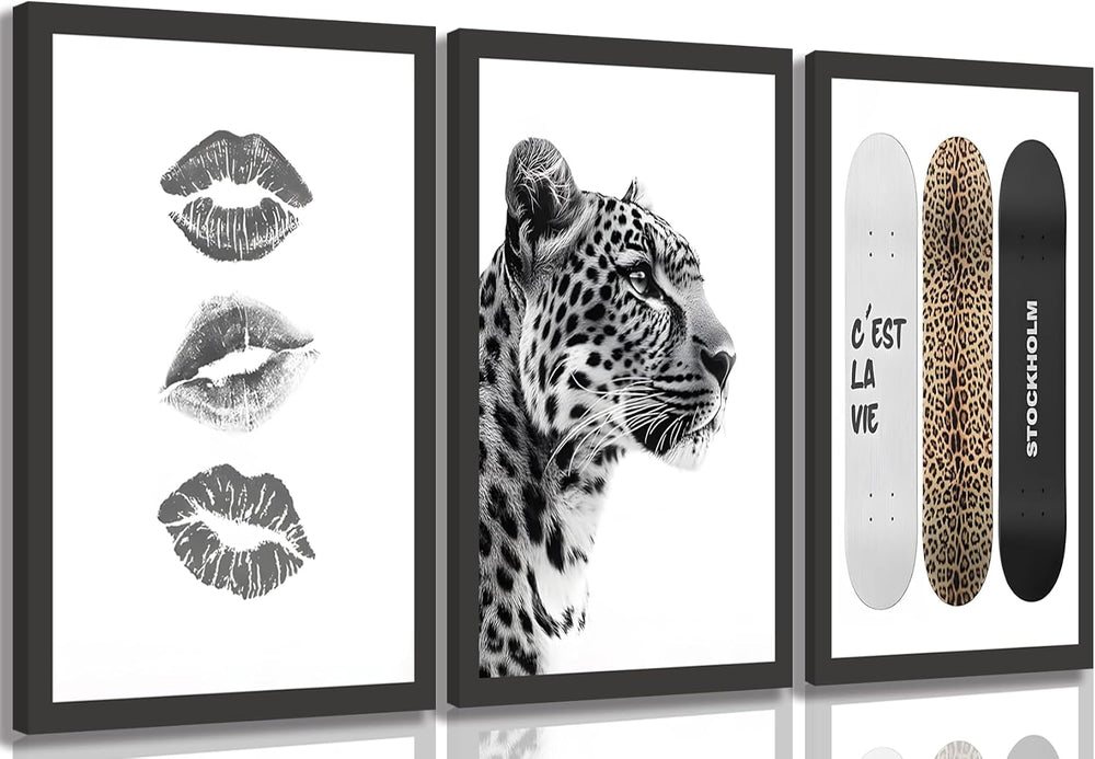 3 Piece Framed Stockholm Style Wall Art, Black and White Leopard Lips Canvas ...