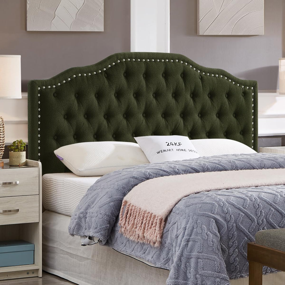 24KF Upholstered Button Tufted Queen Headboard with Nailhead Trim, Elegant Bo...