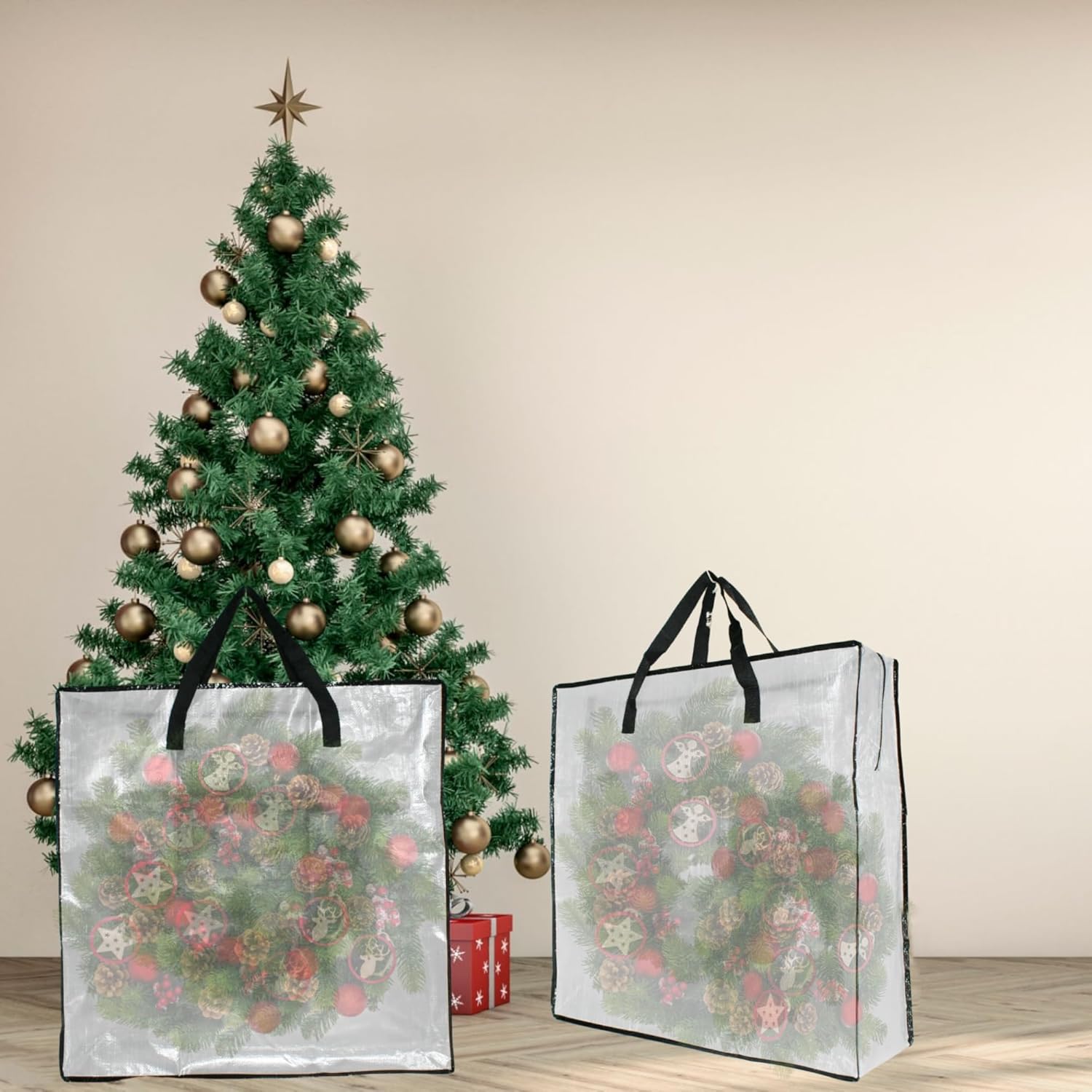 GONGKANGYUAN 25 Gallon Large Clear Storage Bags with Zipper and Handles, Blanket Bags for Closet Storage, Underbed Storage Organizer for Clothes Pillow Bedding Christmas Wreath