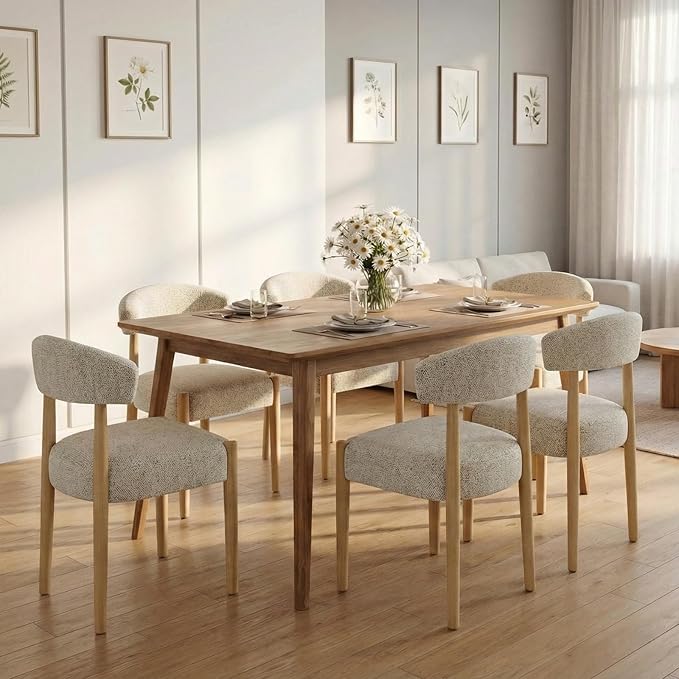 VKNOW Wooden Dining Chairs Set of 4, Modern Upholstered Dining Room Chairs with Rubberwood Legs and Curved Backrest, Fabric Kitchen Chairs for Farmhouse/Living Room/Dining Room, Heathered Off-White