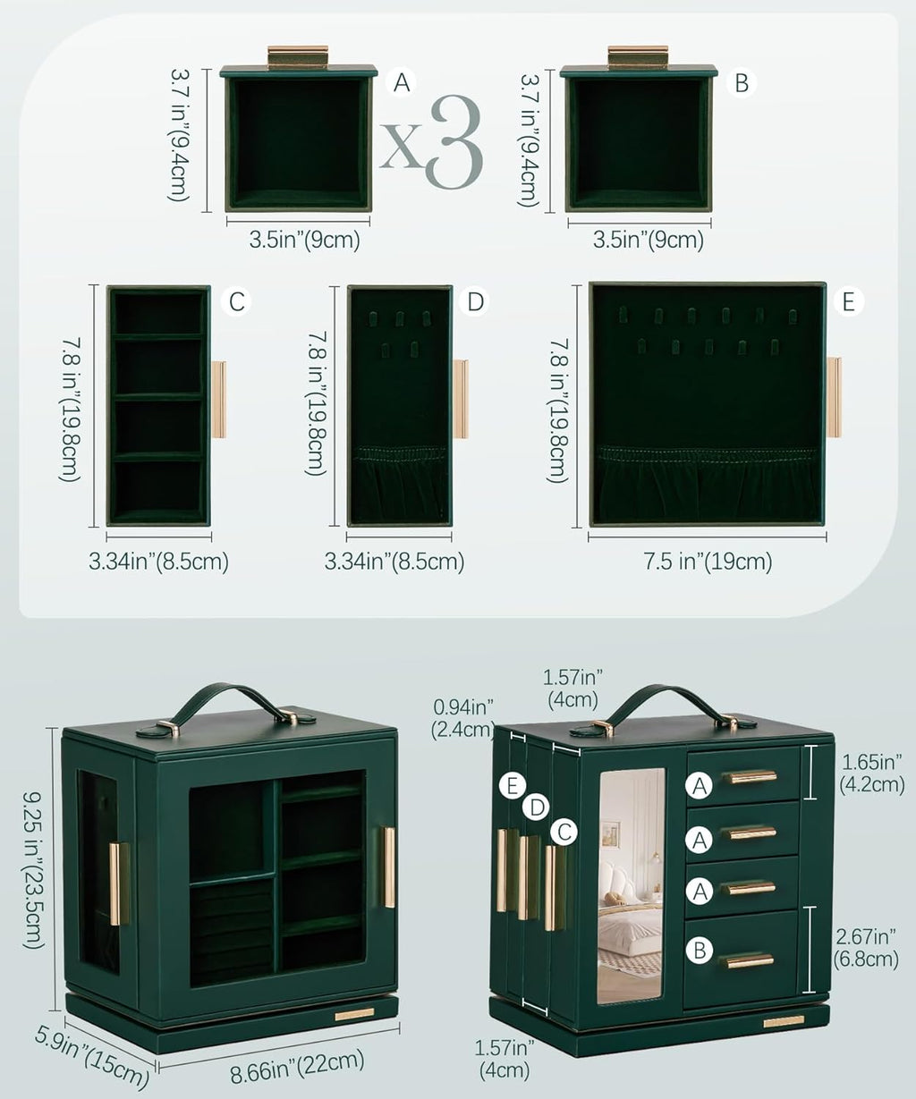 Homde Christmas Gifts Jewelry Box 360° Rotating, Necklace Earring Organizer with Transparent Window, Mirror, 7 Drawers, Large Ring Display Storage Case for Girls Women (Forest Green)