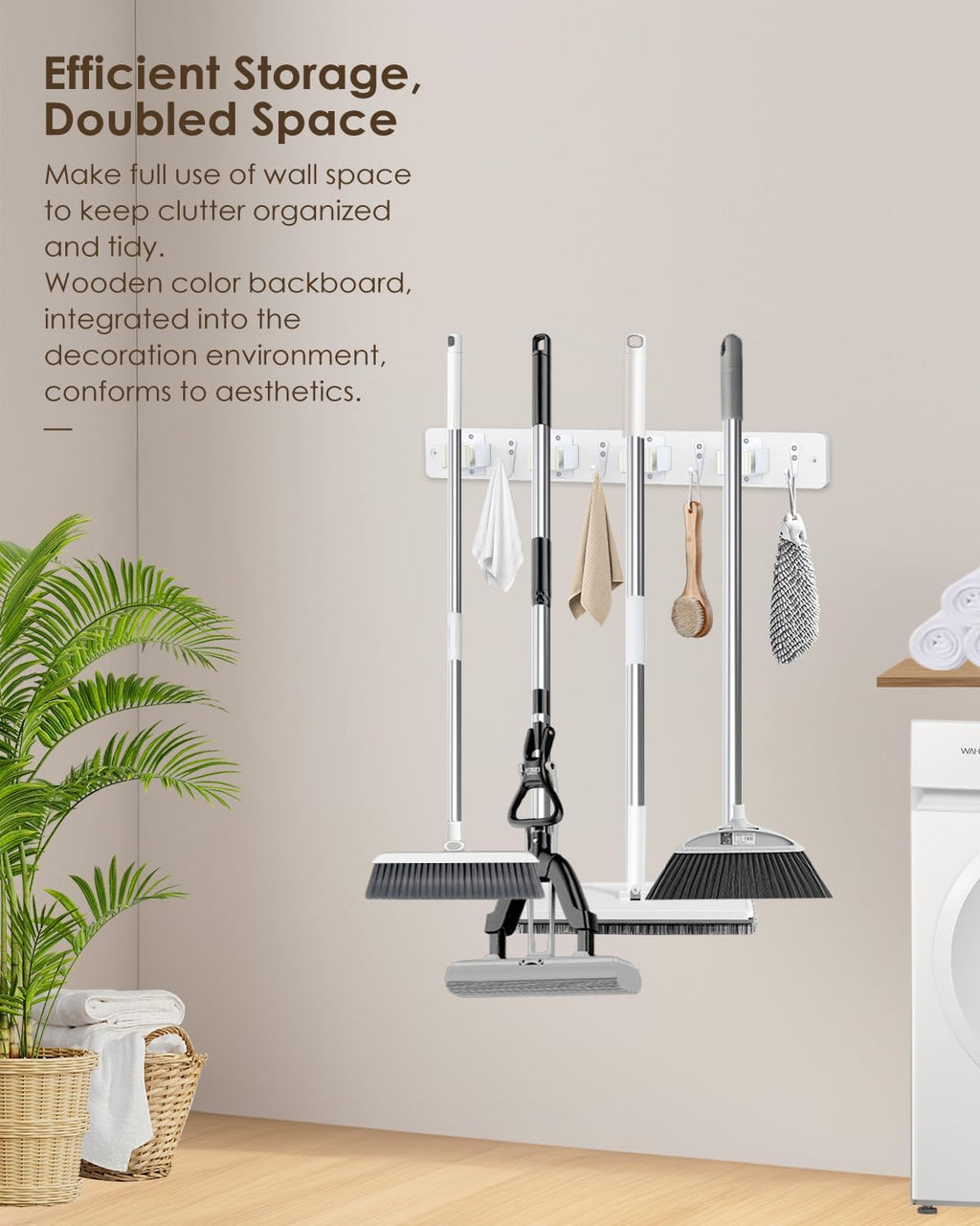AceMining Broom Holder Wall Mounted, White 4 Holders and 4 Hooks Mop Holder, Wooden Mop and Broom Holder with Anti slip rubber, Natural pine wood Brush Holder, Mop Wall Holde with Nail installation