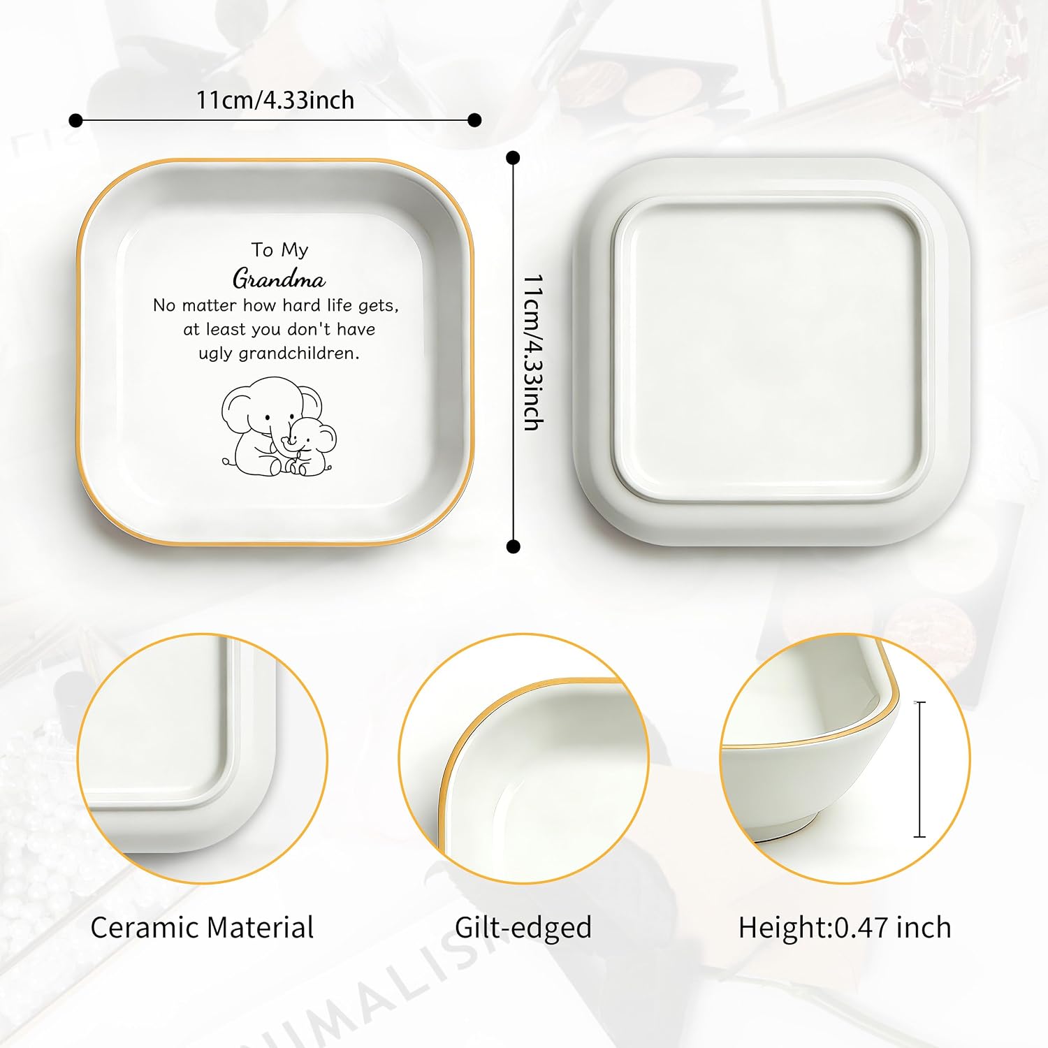 Elephant Gifts for Grandma Christmas, Cute Grandma Gifts from Grandchildren | You don't have ugly grandchildren, Ring Dish 4" Practical Size, Ceramic