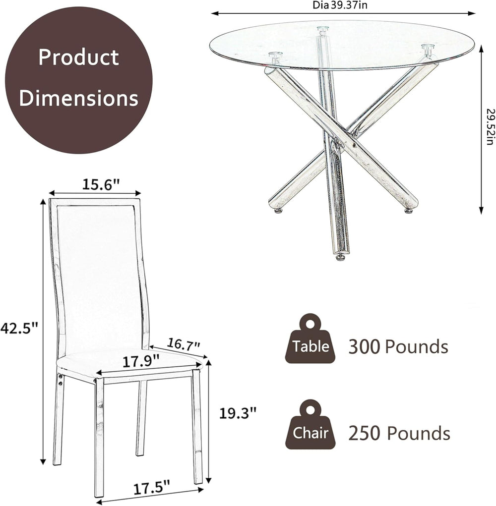 5-Piece Luxury Round Glass Dining Table Set, 39'' Modern Tempered Gla...