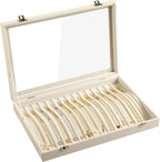 Frebeauty 15 Hooks Necklace Tray Velvet Neckalce Organizer with Clear Lid Lockable Necklace Holder Box Jewelry Organizer for Pendants Chains Necklace Jeweley Tray for Women Girls(Beige)